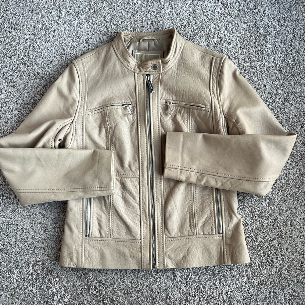 MICHAEL Michael Kors Women’s Beige Leather Moto/RacingJacket. Size M - Picture 7 of 8